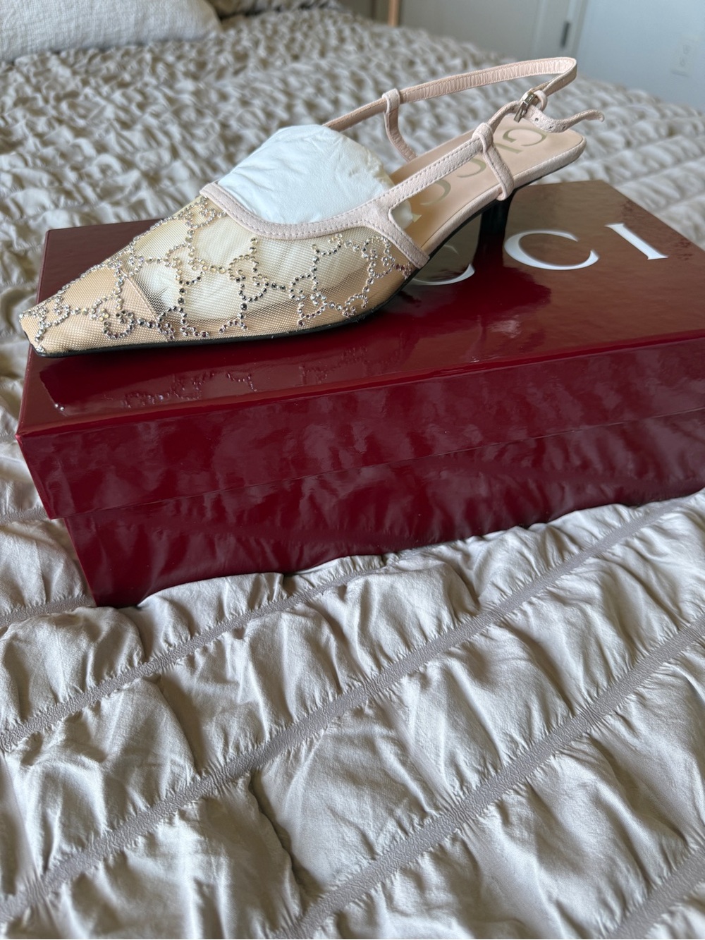 Brand New- Gucci Nude-Beige Beaded Slingback Heels